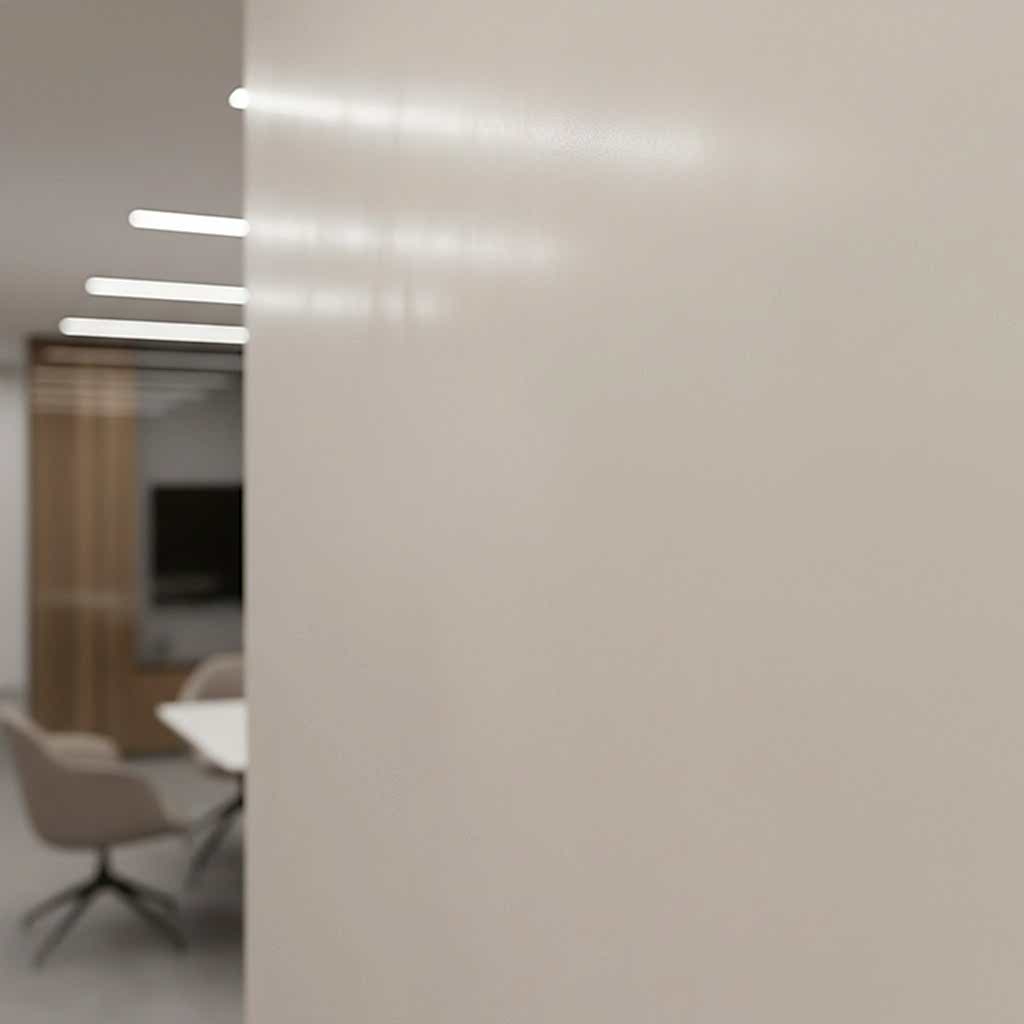 A photo of a glass wall in an office with a blurred office in the background.
