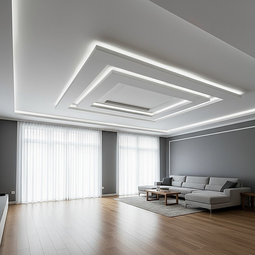 Modern Living room interior with gray walls, wooden floor and white ceiling, nook, and curtains with natural light from wi...